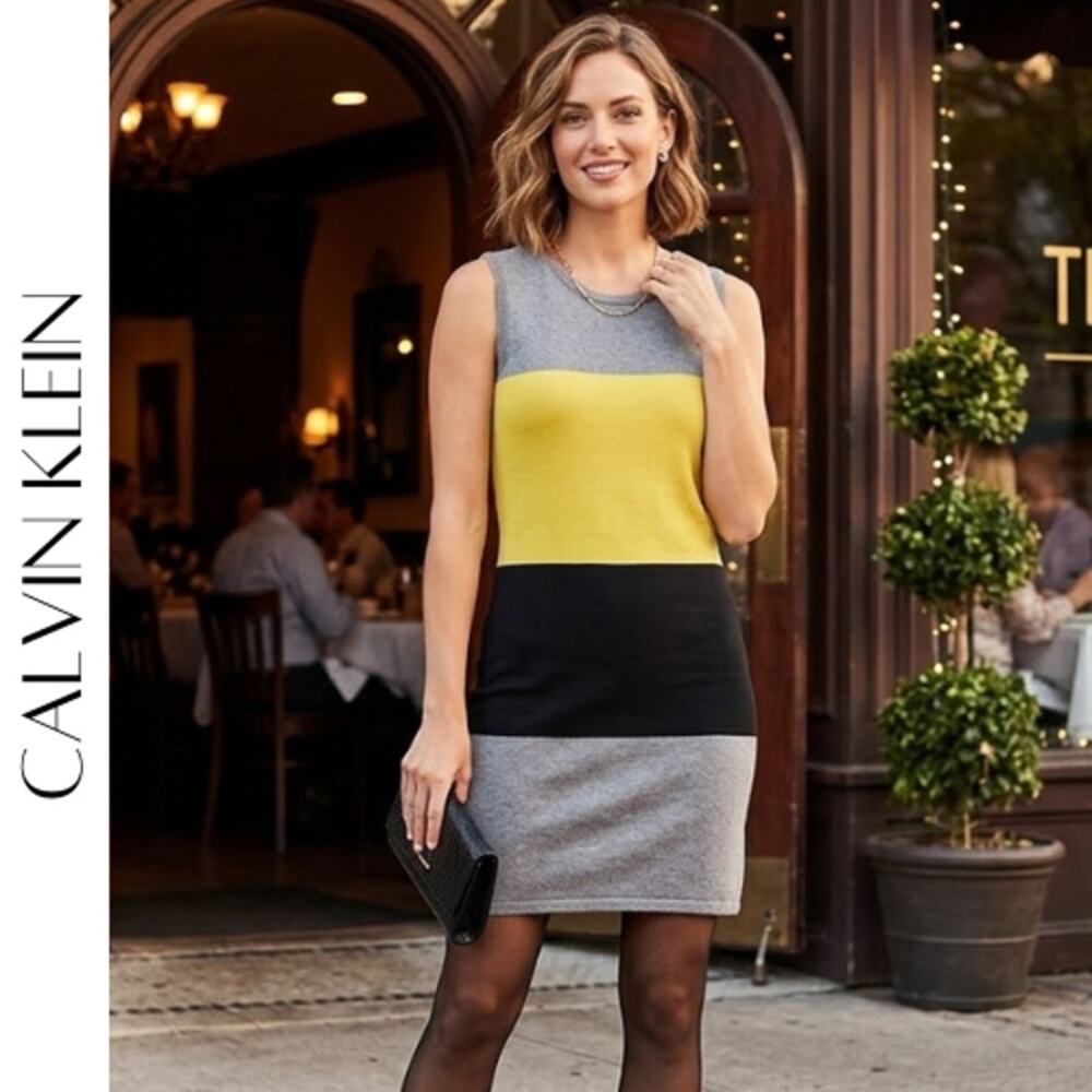 Calvin Klein Gray Colorblock Sweater Dress Small Sleeveless Knit